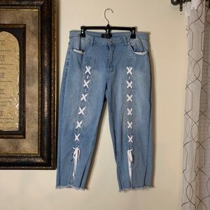Ashley Stewart’s Light Blue Denim Jeans with front tie-up leg design, Size 16
